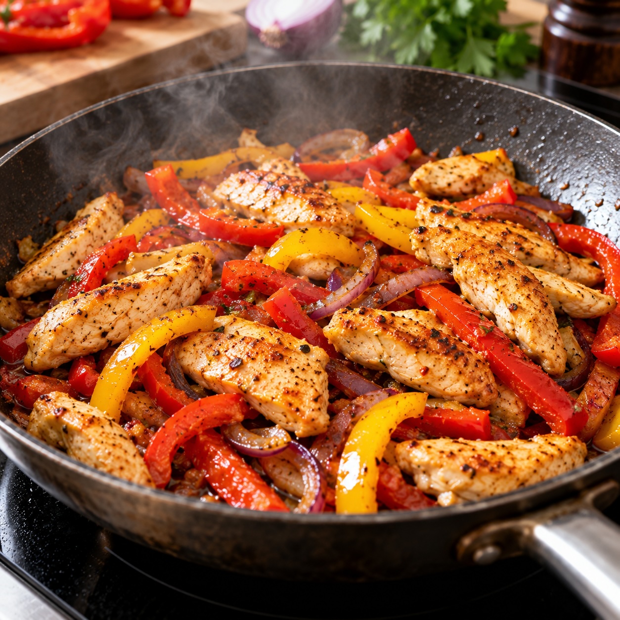 Hendlstreifen mit Paprika und Zwiebel frisch in der Pfanne gebraten